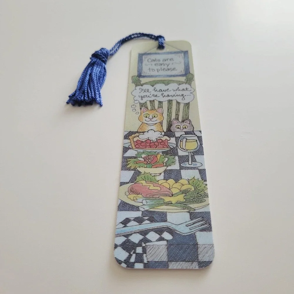 Vintage 90s Cats Easy To Please Tassel Bookmark 1992 Susan Sturgill, Antioch USA